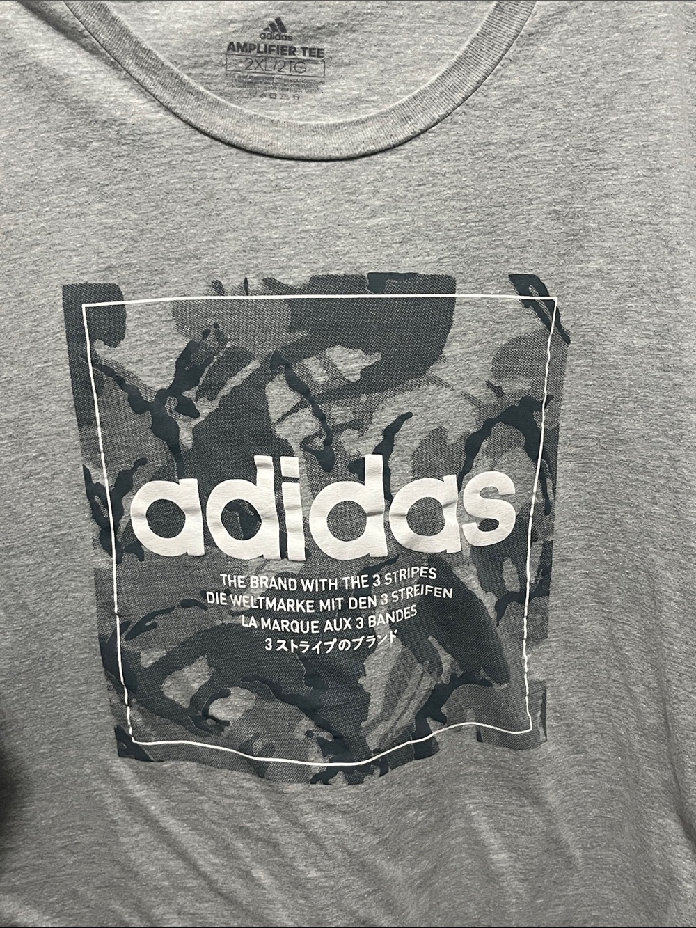 adidas Heather Gray Logo Tee with Dark Gray Camouflage Graphic